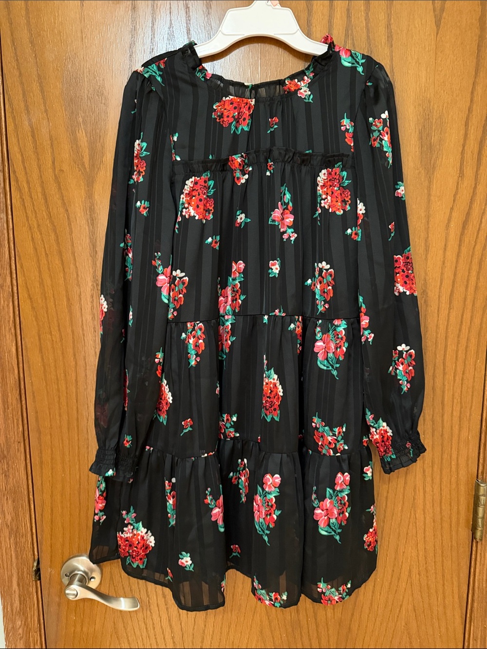 Girls' Black NWOt Floral Tiered Long-Sleeve Dress with Red & Pink Blooms